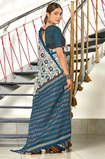 Blue floral, zigzag print mulmul cotton saree with blouse.