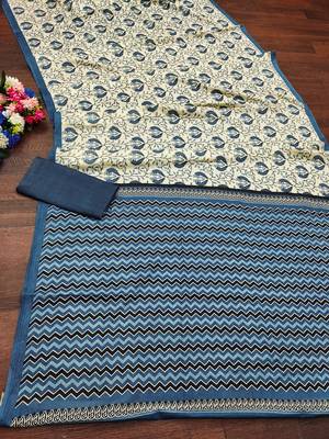 Blue floral, zigzag print mulmul cotton saree with blouse. 5