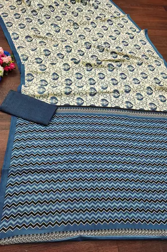 Blue floral, zigzag print mulmul cotton saree with blouse.