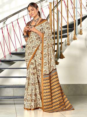 Brown floral, zigzag print mulmul cotton saree with blouse. 1