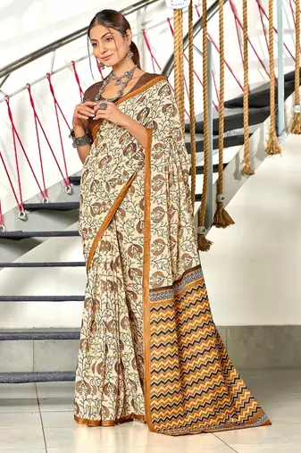 Brown floral, zigzag print mulmul cotton saree with blouse.
