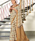 Brown floral, zigzag print mulmul cotton saree with blouse.