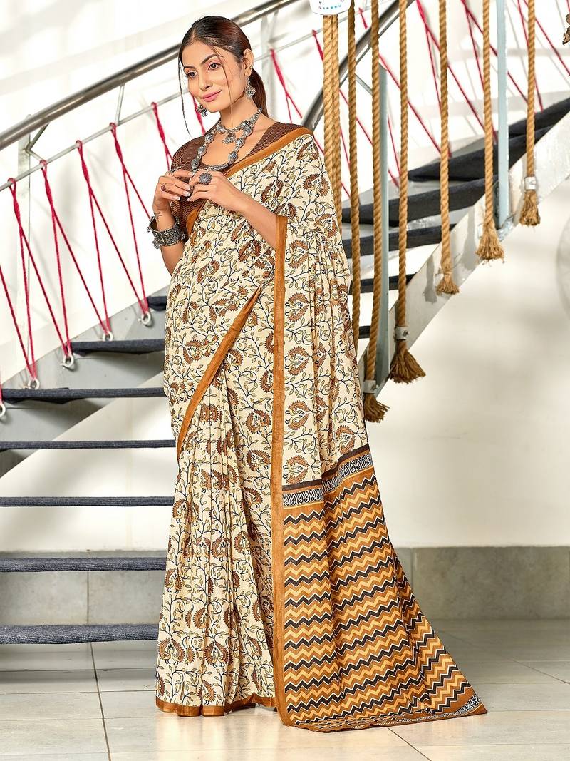 Brown floral, zigzag print mulmul cotton saree with blouse.