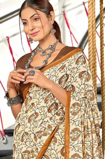 Brown floral, zigzag print mulmul cotton saree with blouse.