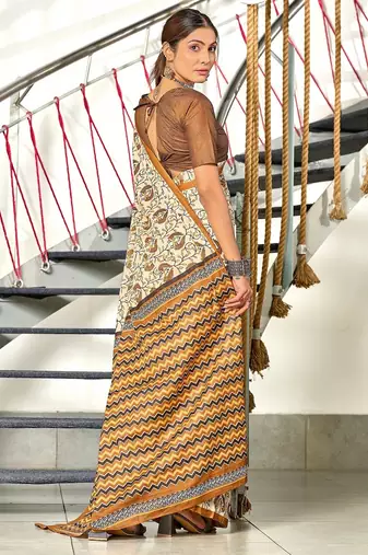 Brown floral, zigzag print mulmul cotton saree with blouse.