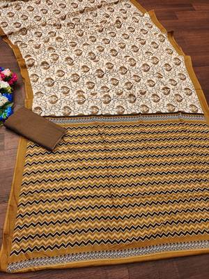 Brown floral, zigzag print mulmul cotton saree with blouse. 5