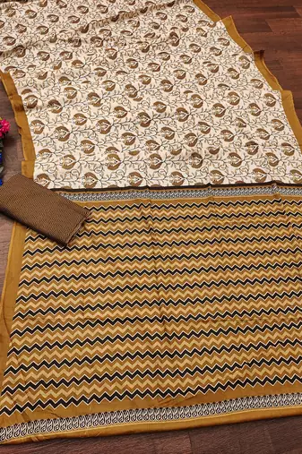 Brown floral, zigzag print mulmul cotton saree with blouse.