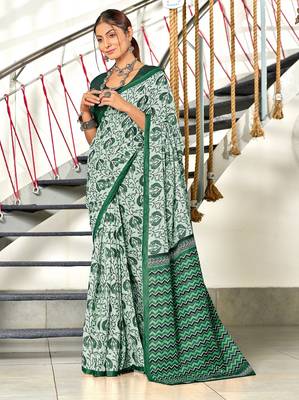 Green floral, zigzag print mulmul cotton saree with blouse. 1