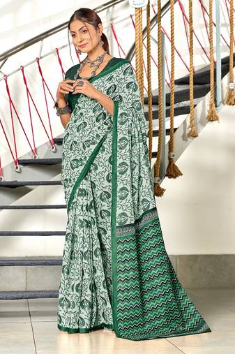 Green floral, zigzag print mulmul cotton saree with blouse.