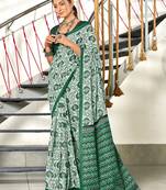 Green floral, zigzag print mulmul cotton saree with blouse.