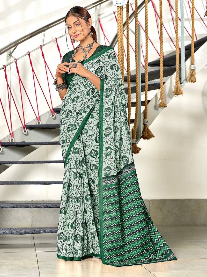 Green floral, zigzag print mulmul cotton saree with blouse.