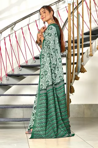 Green floral, zigzag print mulmul cotton saree with blouse.