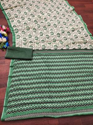 Green floral, zigzag print mulmul cotton saree with blouse. 5