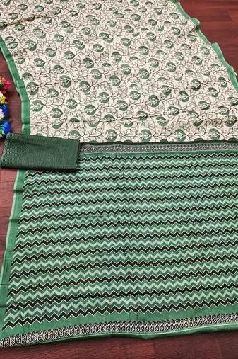 Green floral, zigzag print mulmul cotton saree with blouse.