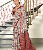 Maroon floral, zigzag print mulmul cotton saree with blouse.