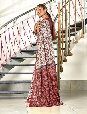 Maroon floral, zigzag print mulmul cotton saree with blouse. 3