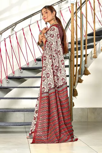 Maroon floral, zigzag print mulmul cotton saree with blouse.
