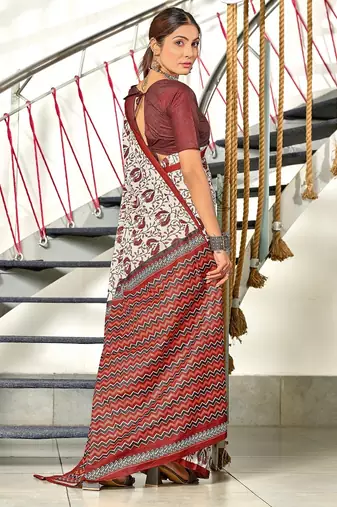 Maroon floral, zigzag print mulmul cotton saree with blouse.
