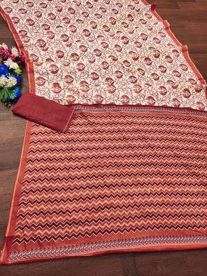 Maroon floral, zigzag print mulmul cotton saree with blouse. 5