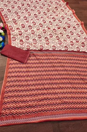 Maroon floral, zigzag print mulmul cotton saree with blouse.