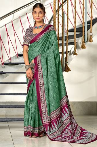 Green bandhani print mulmul cotton saree with blouse.