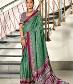 Green bandhani print mulmul cotton saree with blouse.