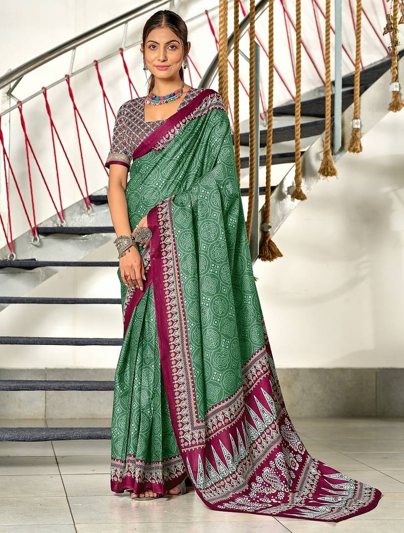 Green bandhani print mulmul cotton saree with blouse.