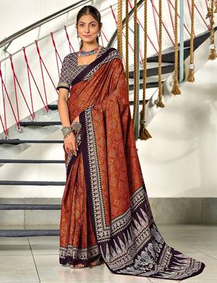 Maroon bandhani print mulmul cotton saree with blouse. 1