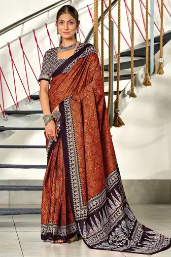 Maroon bandhani print mulmul cotton saree with blouse.