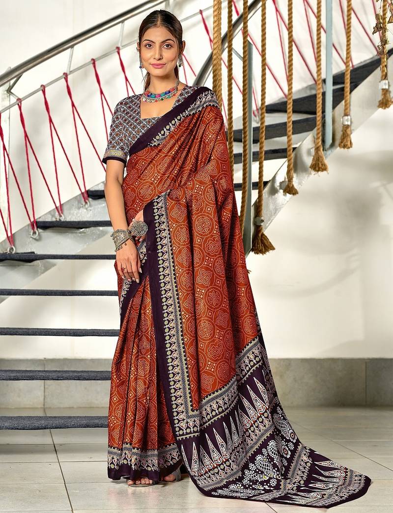 Maroon bandhani print mulmul cotton saree with blouse.