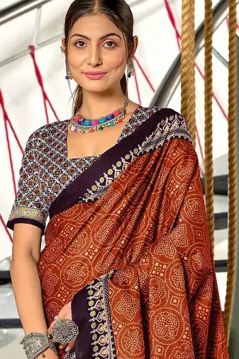 Maroon bandhani print mulmul cotton saree with blouse.