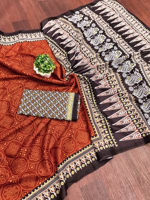 Maroon bandhani print mulmul cotton saree with blouse. 5
