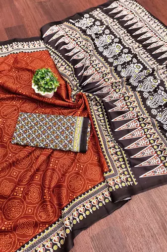 Maroon bandhani print mulmul cotton saree with blouse.