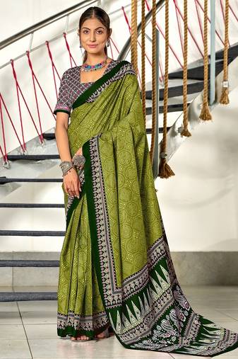 Mehendi bandhani print mulmul cotton saree with blouse.