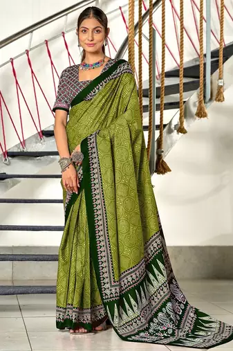 Mehendi bandhani print mulmul cotton saree with blouse.