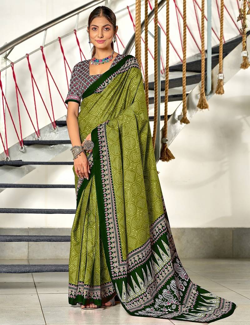 Mehendi bandhani print mulmul cotton saree with blouse.