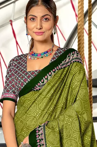 Mehendi bandhani print mulmul cotton saree with blouse.