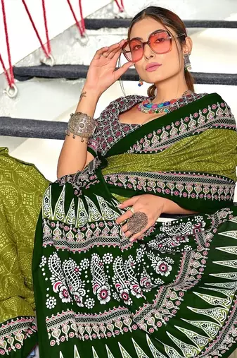 Mehendi bandhani print mulmul cotton saree with blouse.