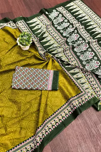 Mehendi bandhani print mulmul cotton saree with blouse.