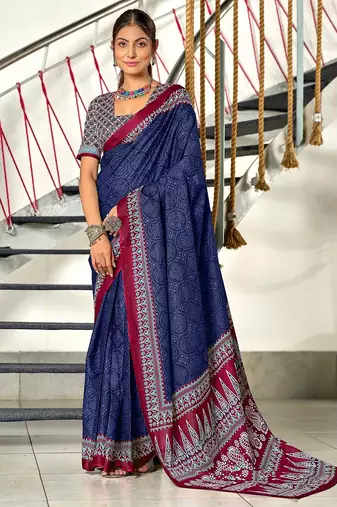 Navy blue bandhani print mulmul cotton saree with blouse.