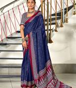 Navy blue bandhani print mulmul cotton saree with blouse.