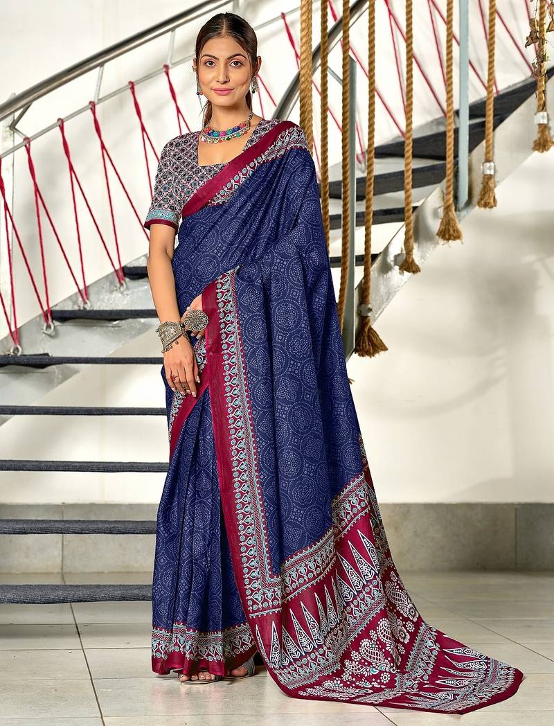 Navy blue bandhani print mulmul cotton saree with blouse.