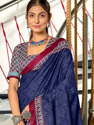 Navy blue bandhani print mulmul cotton saree with blouse. 2
