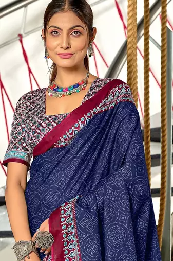 Navy blue bandhani print mulmul cotton saree with blouse.