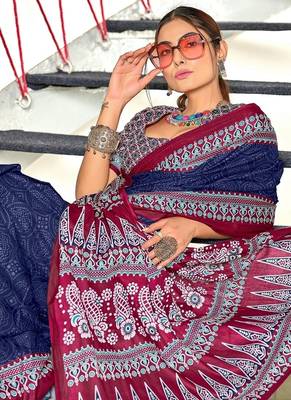 Navy blue bandhani print mulmul cotton saree with blouse. 3