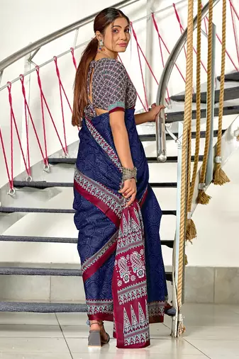 Navy blue bandhani print mulmul cotton saree with blouse.