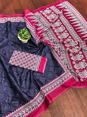Navy blue bandhani print mulmul cotton saree with blouse. 5
