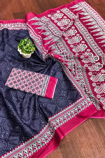Navy blue bandhani print mulmul cotton saree with blouse.