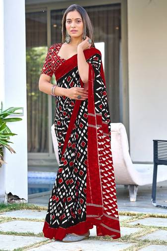 Black ikkat print mulmul cotton saree with blouse.