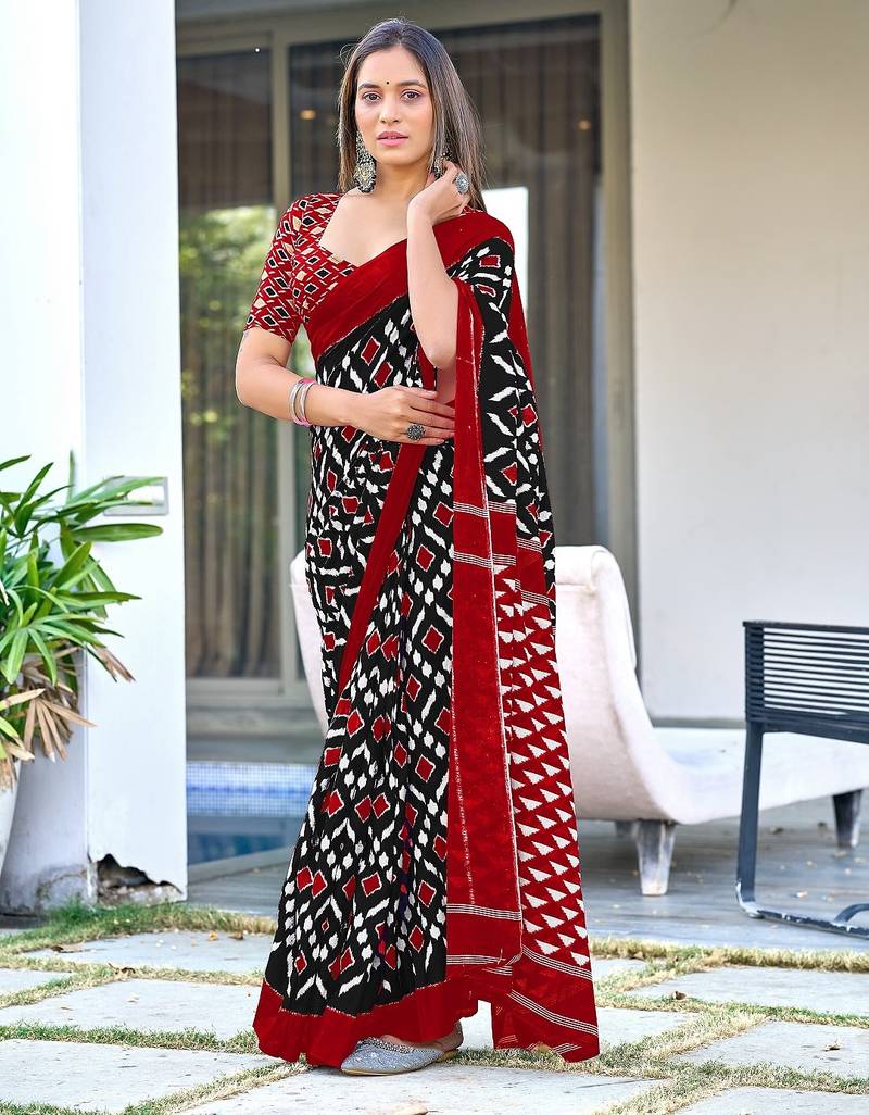 Black ikkat print mulmul cotton saree with blouse.